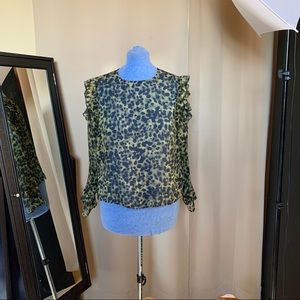 Green and Black Animal Print Sheer Long Sleeve Blouse w Ruffles down the sleeves